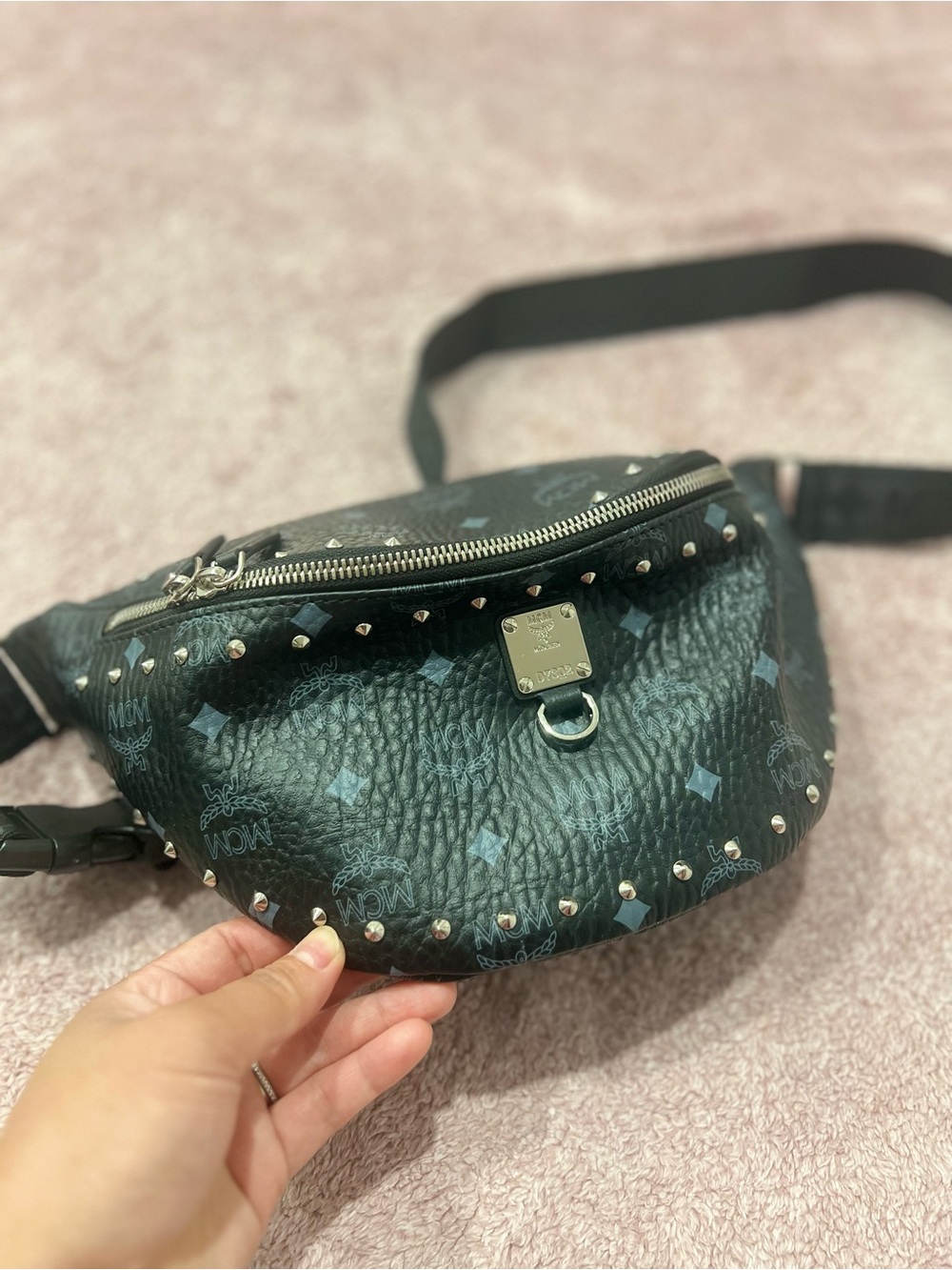 MCM (FURSTEN) Black Studded Visetos Leather Crossbody Belt bag